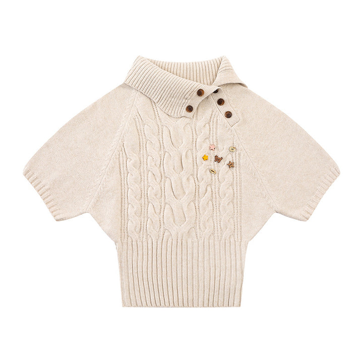 Women's Short-Sleeved Cable Knit Sweater Top with Stand Collar and Button Placket Mune Fashion