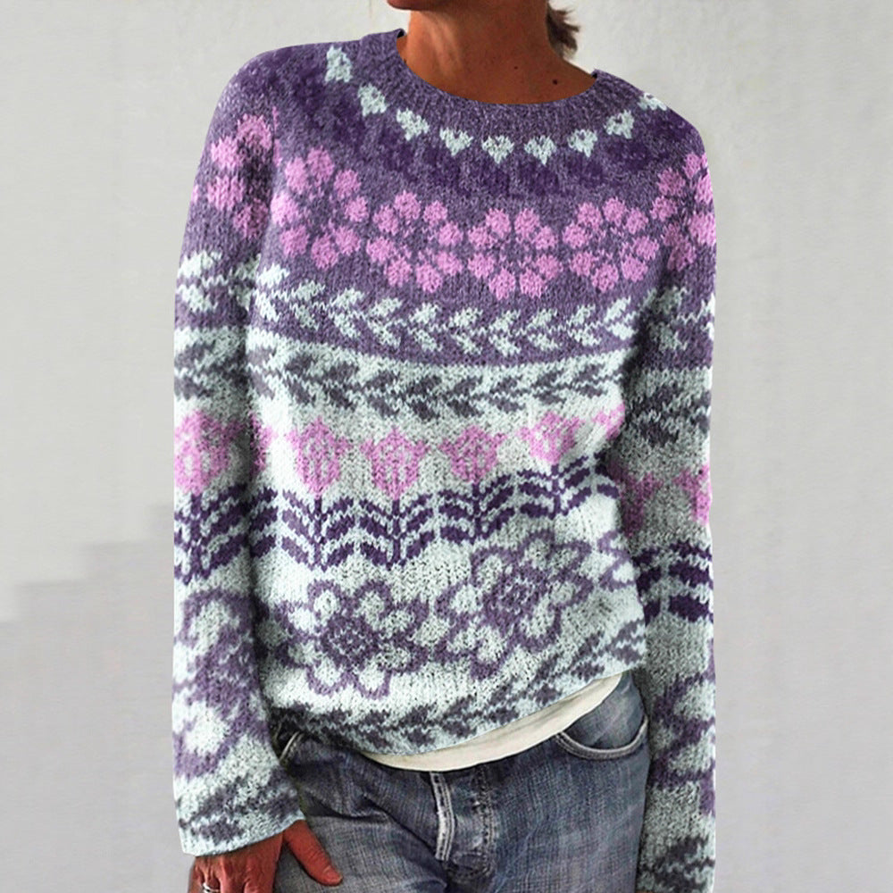 Women's gray marled round neck sweater with circular jacquard yoke and ribbed hem Mune Fashion