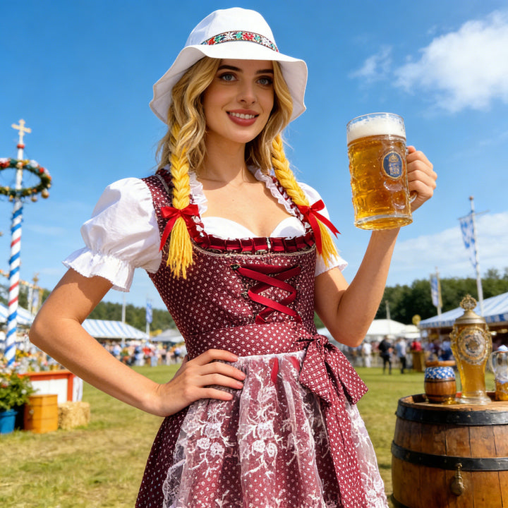 Women's traditional Dirndl dress with laced bodice front, ruffled blouse and lace appliqué Mune Fashion