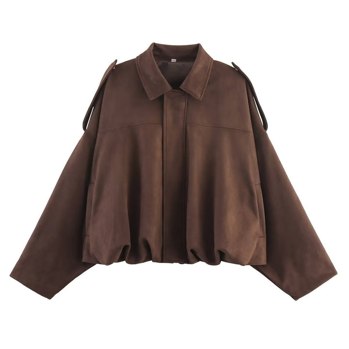 Ladies Oversized Suede Jacket with Shoulder Flaps, Concealed Button Placket and Elastic Hem Mune Fashion