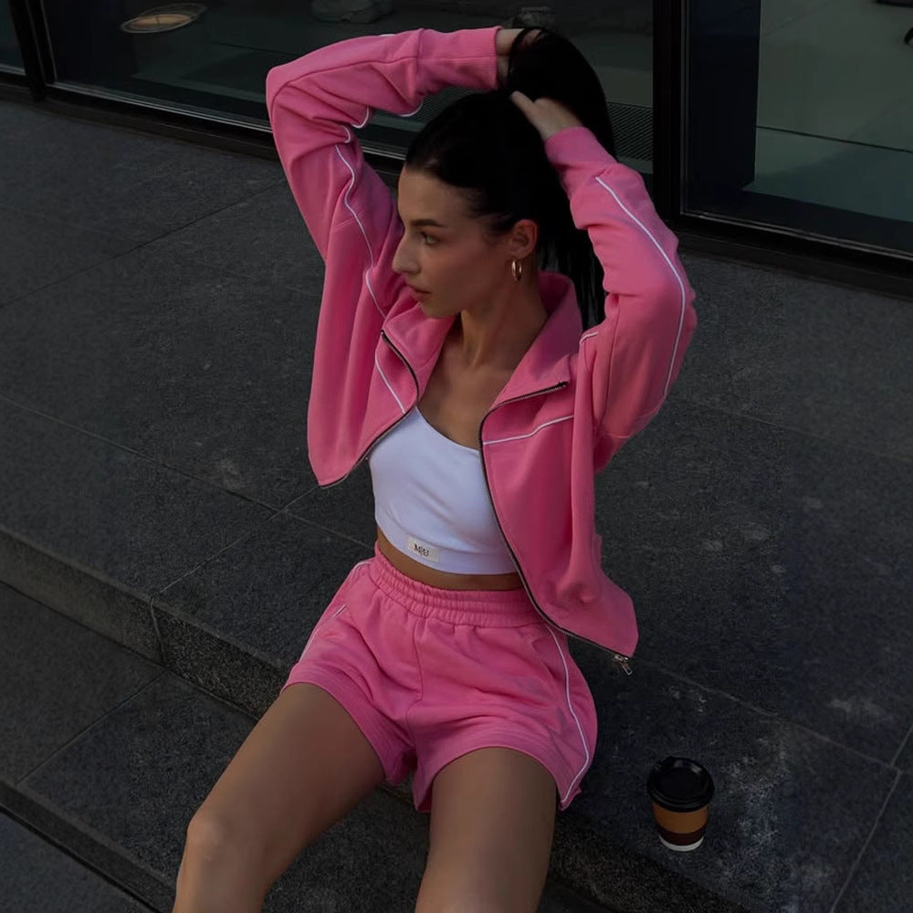 Women nan athletic two-piece with shaping sports bustier, tailored high-waist sweat shorts and zip hoodie Mune Fashion