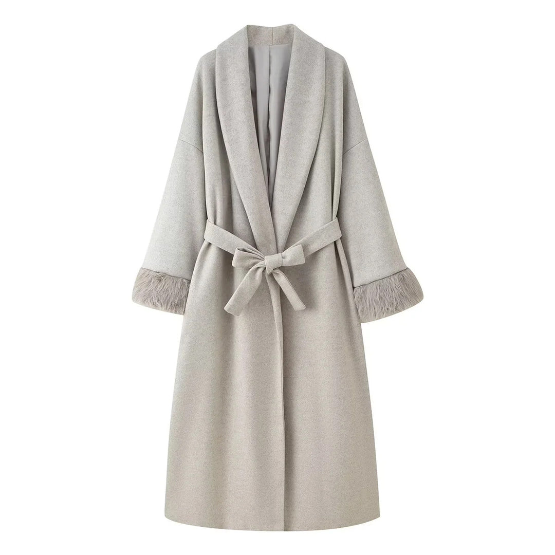 Women's oversized coat robe with wide shawl collar, waistband and faux fur cuffs Mune Fashion
