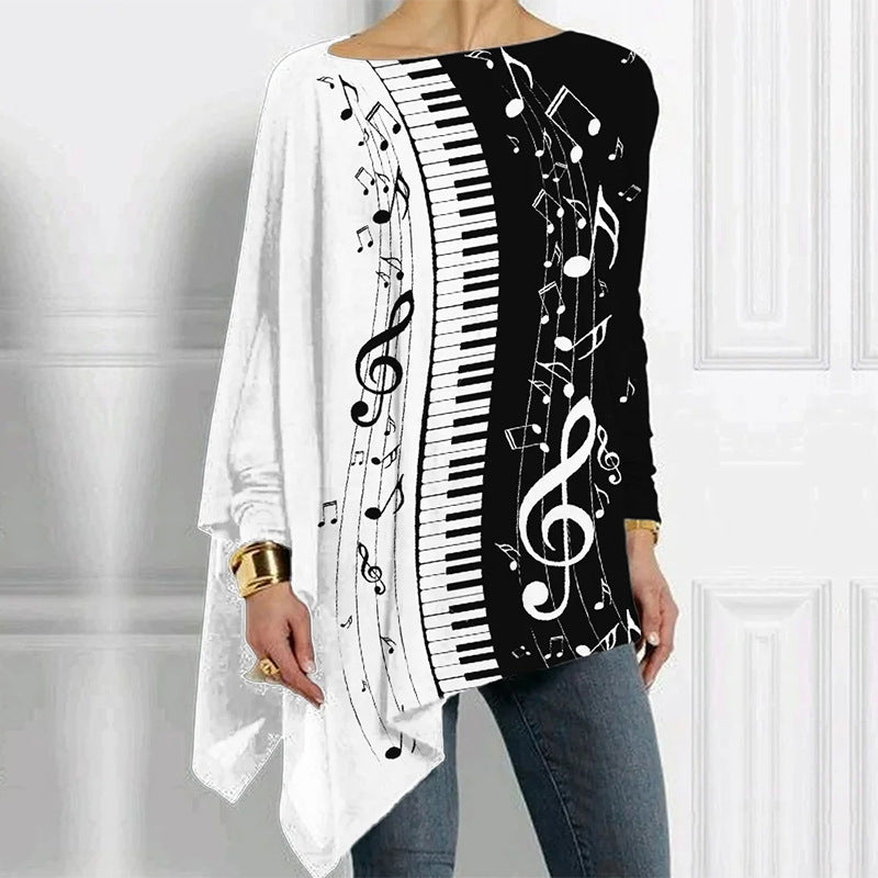 Women Asymmetrical Music Print Long Sleeve with Piano and Sheet Music Motif Mune Fashion