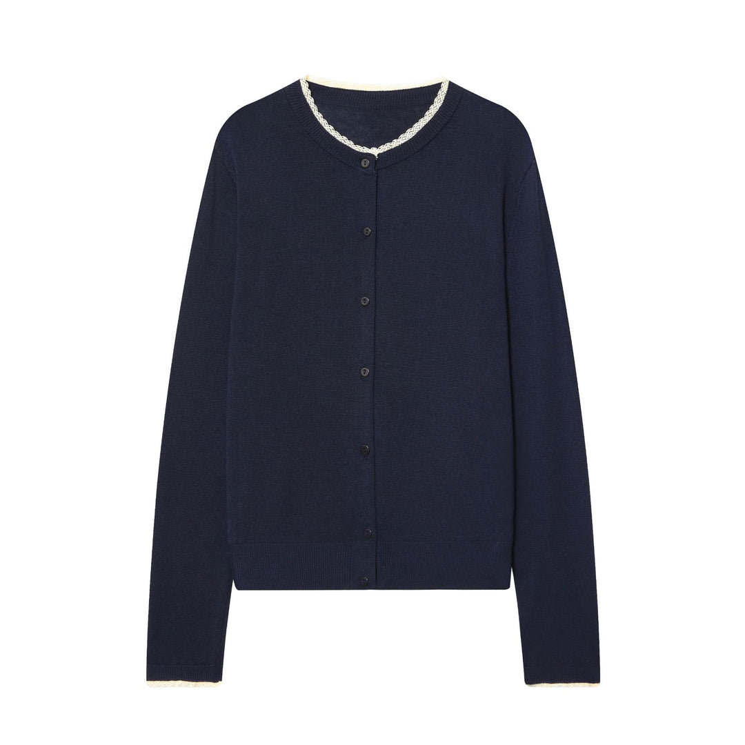 Women's short-cut fine-knit cardigan with round neckline, continuous button placket, and delicate lace edge Mune Fashion