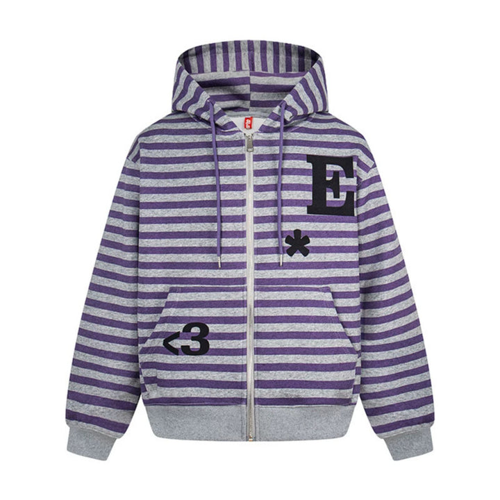 Women's oversized striped hooded sweatshirt jacket with full-length zipper and typographic front print Mune Fashion