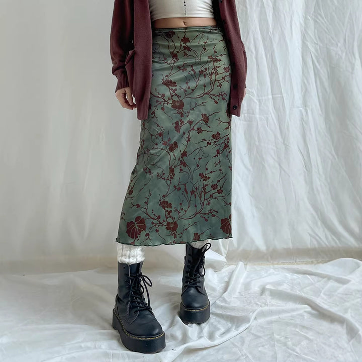 Women's satin midi skirt with floral velvet appliqué and narrow silhouette Mune Fashion