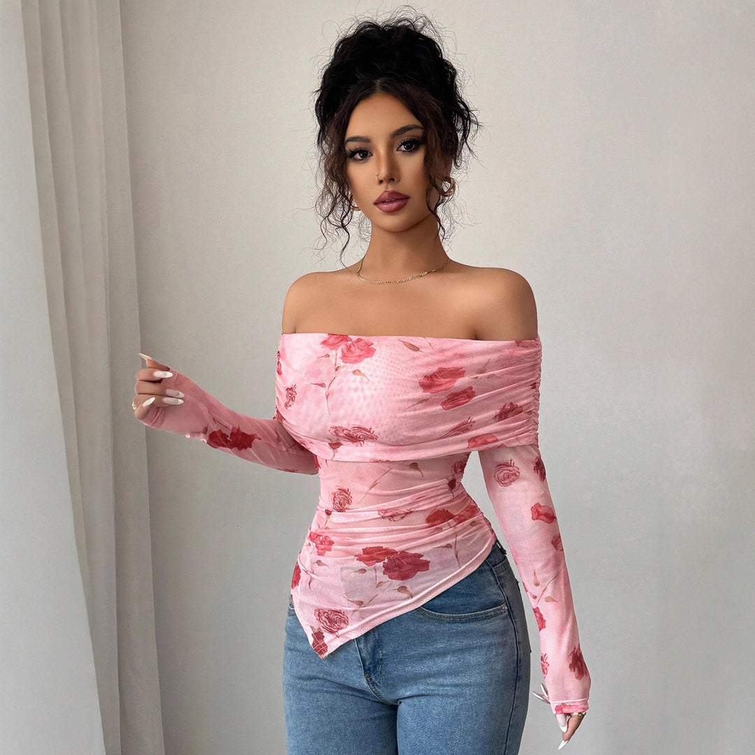 Women off-shoulder gathered long-sleeve top made of fine mesh with floral print and tailored silhouette Mune Fashion