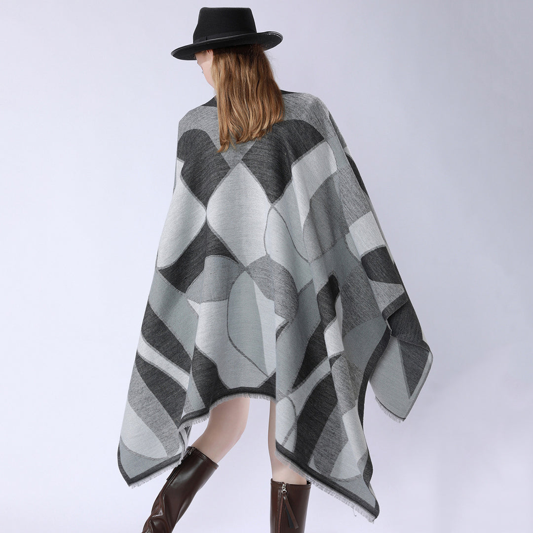 Women's Oversize Poncho with V Neck and Geometric Jacquard Design Mune Fashion