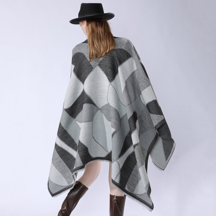Women's Oversize Poncho with V Neck and Geometric Jacquard Design Mune Fashion