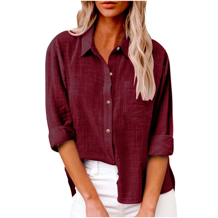 Women's oversized linen-cotton blend shirt blouse with breast pocket and roll-up sleeves Mune Fashion