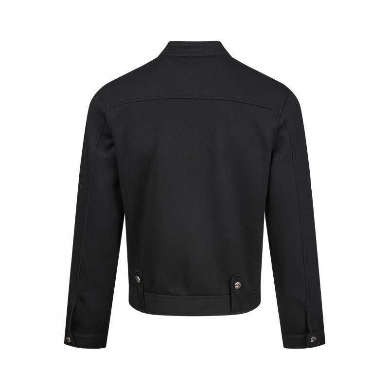 Men's short-cut jersey bomber jacket with high stand-up collar, concealed zipper and flap pockets Mune Fashion