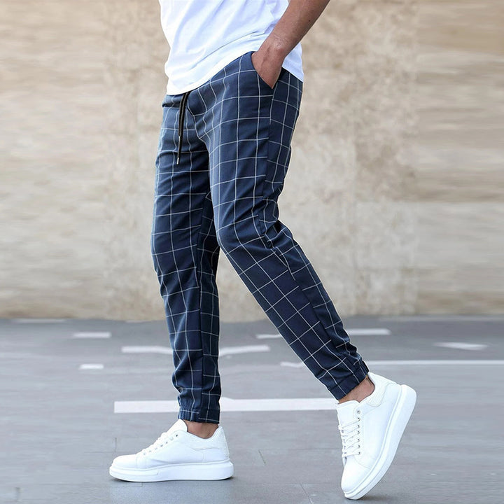Men's Checked Jogging Pants with Drawstring, Slim Fit and Elastic Cuffs Mune Fashion