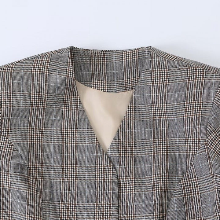 Women tailored glencheck blazer jacket with V-neck and tie waist Mune Fashion