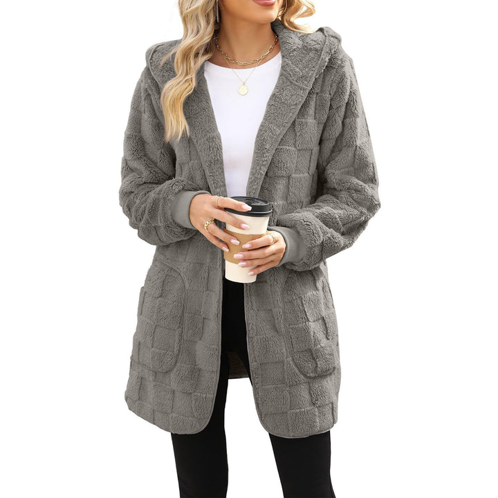 Women's cozy hooded long jacket made of teddy fleece with patch pockets and textured check pattern Mune Fashion