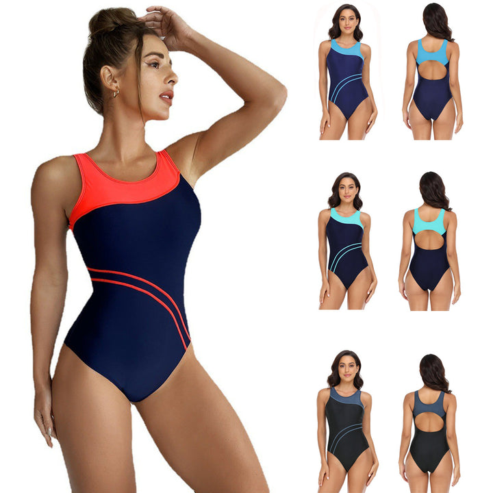Women's Sporty One-Piece Swimsuit with Fashionable Color Contrast Mune Fashion