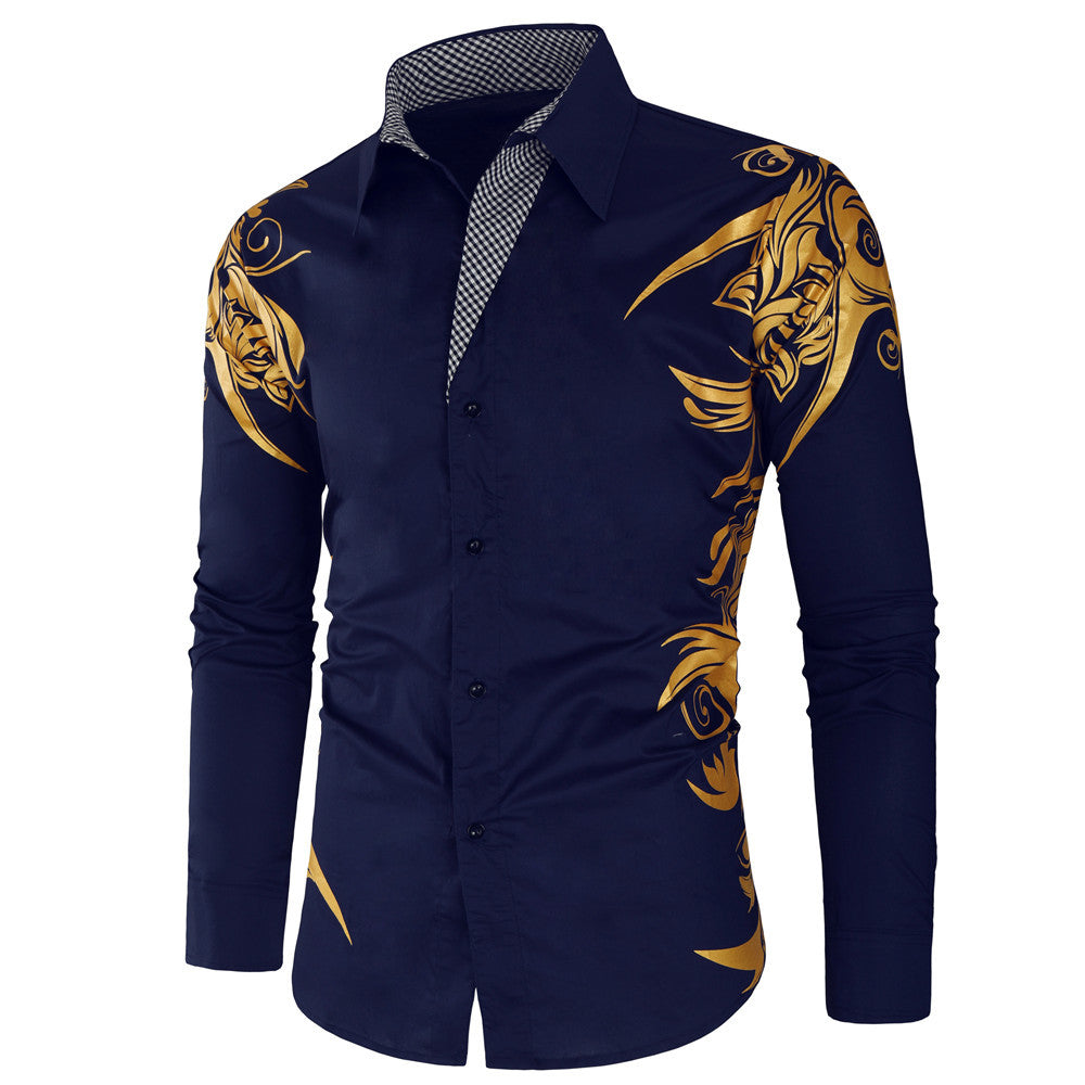 Men's Fitted Button-Down Shirt with Gold-Embellished Ornamentation and Contrasting Inner Collar Mune Fashion