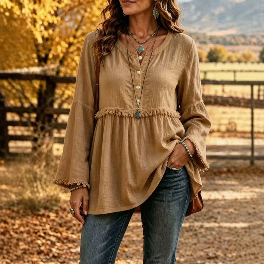 Women's Fringe Tunic Blouse with V-Neck and Bell Sleeves Mune Fashion