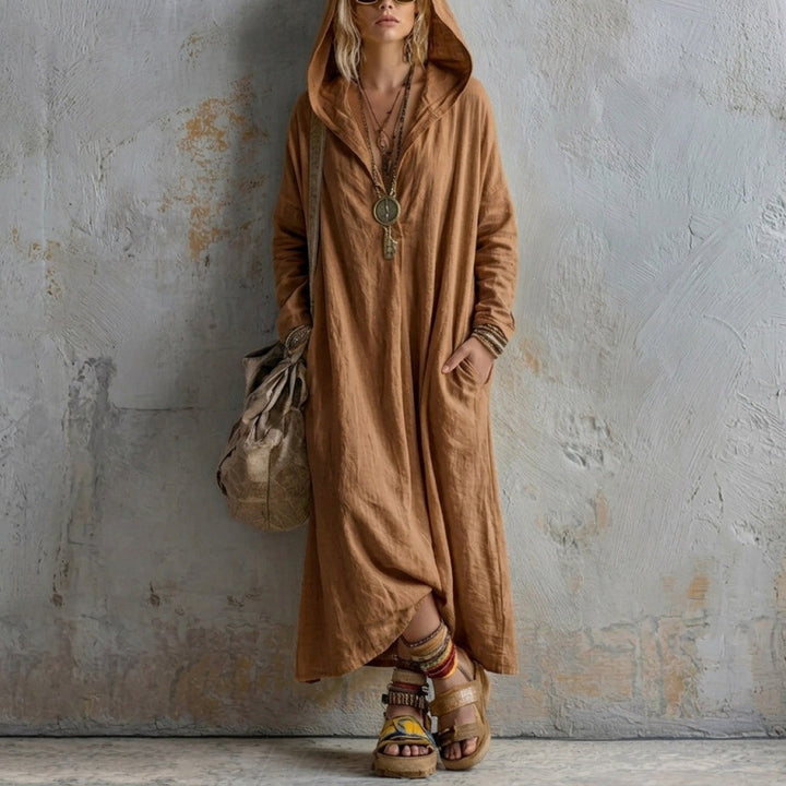 Ladies Long Hooded Dress in Boho Style with V-Neck, Side Pockets and Loose Fall Mune Fashion