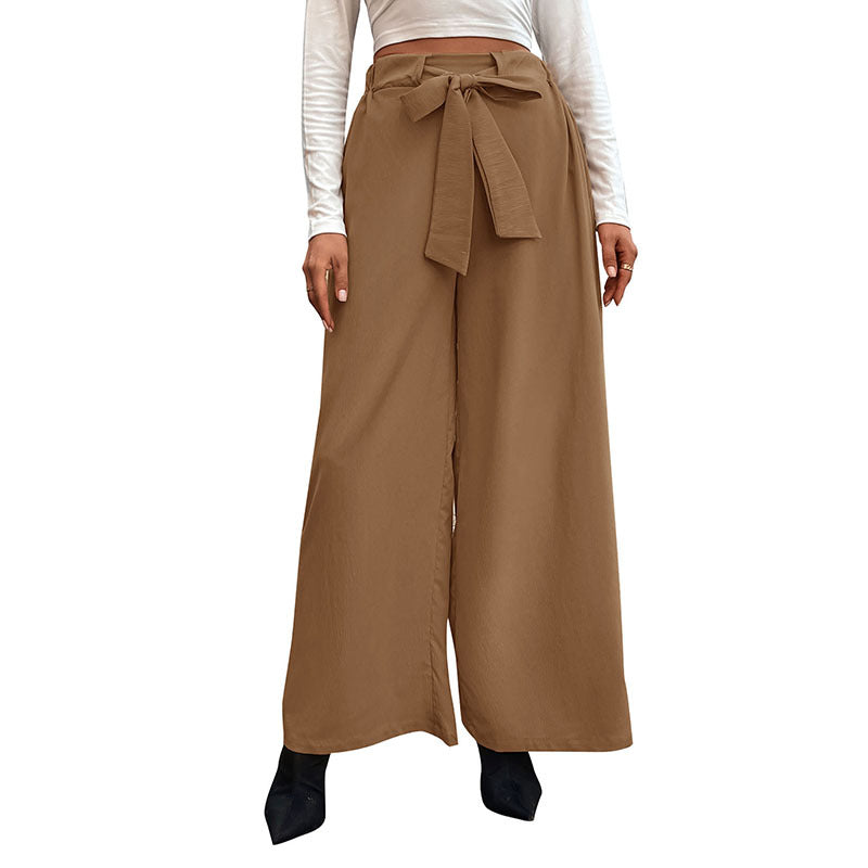 Women Wide High-Waist Pants with Paperbag Waist and Tie Belt Mune Fashion