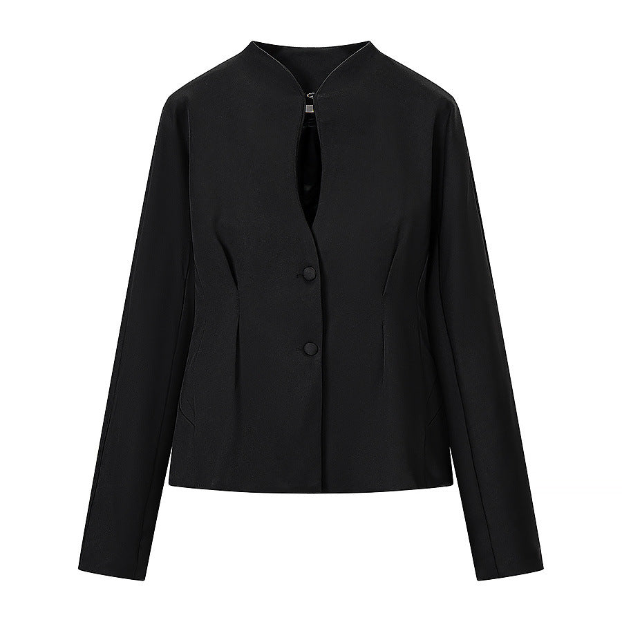 Women Tailored Short Blazer with Keyhole Collar and Tonal Decorative Buttons Mune Fashion