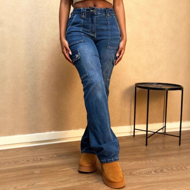 Women High-Waisted Cargo Denim Jeans with Straight Legs and Patch Flap Pockets Mune Fashion