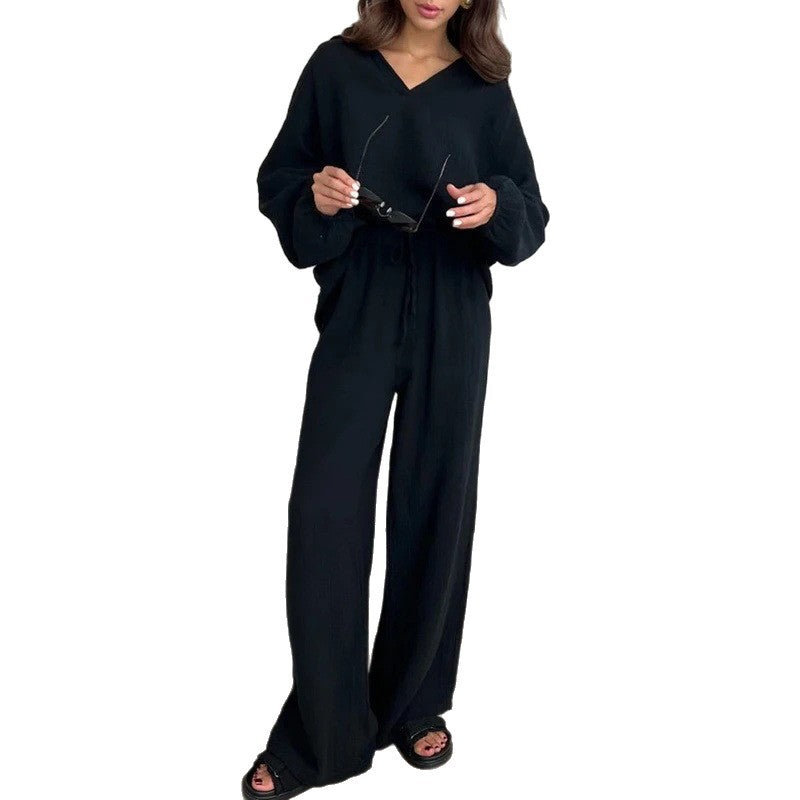Women's Lightweight Crinkle Lounge Set with V-Neck and Wide High-Waist Pants Mune Fashion