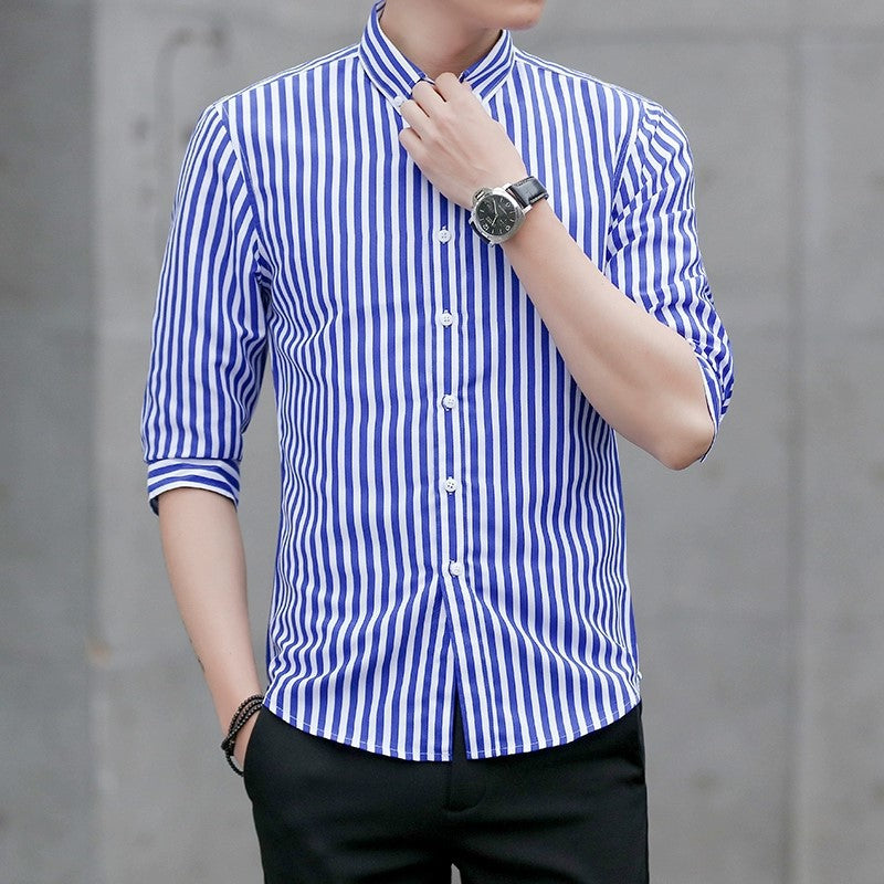 Men's Striped Button-Down Shirt with Kent Collar and Three-Quarter Sleeves in Tailored Casual Cut Mune Fashion