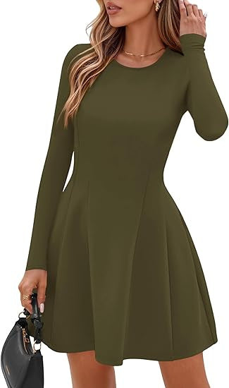 Women's Long-Sleeve A-Line Skater Dress with Figure-Flattering Seams Drune
