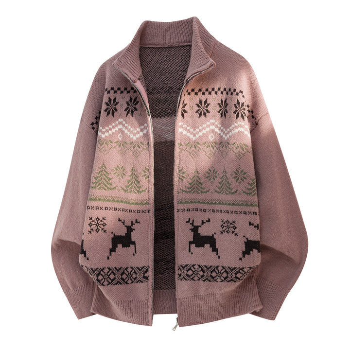 Unisex Zip Sweater Jacket in Norwegian Style with High Collar and Checkered Pattern Mune Fashion