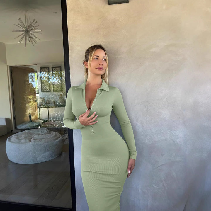 Women's Figure-Hugging Midi Dress with Polo Collar and Press Button Placket Mune Fashion