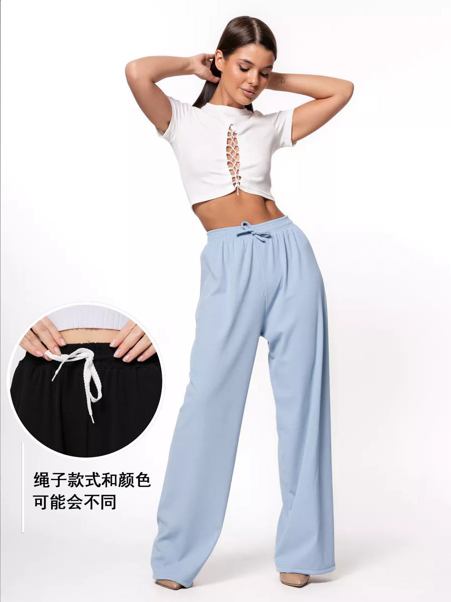 Ladies wide high-cut lounge pants with elastic waistband and drawstring Mune Fashion