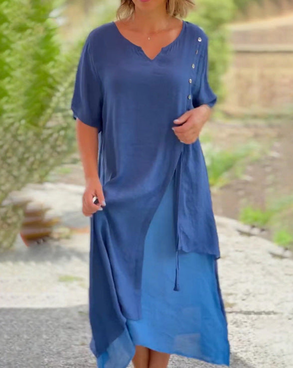 Women’s two-layer layered dress with asymmetric hem and decorative button placket Mune Fashion