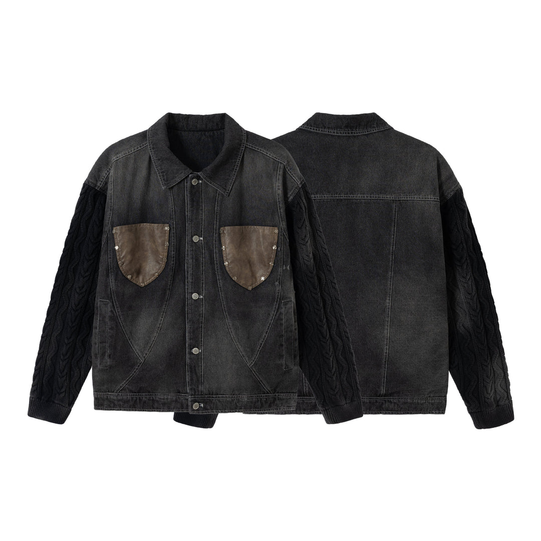 Men's denim jacket with applied leather chest pockets and cable knit sleeves Mune Fashion