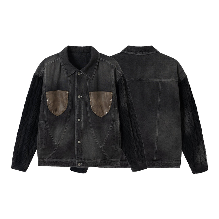 Men's denim jacket with applied leather chest pockets and cable knit sleeves Mune Fashion
