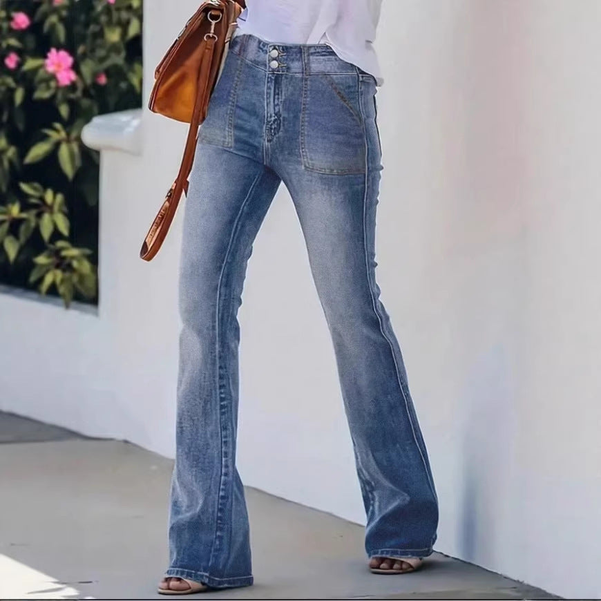 Women's High-Waisted Flared Denim Pants with Front Decorative Stitching and Shaping Waistband Mune Fashion