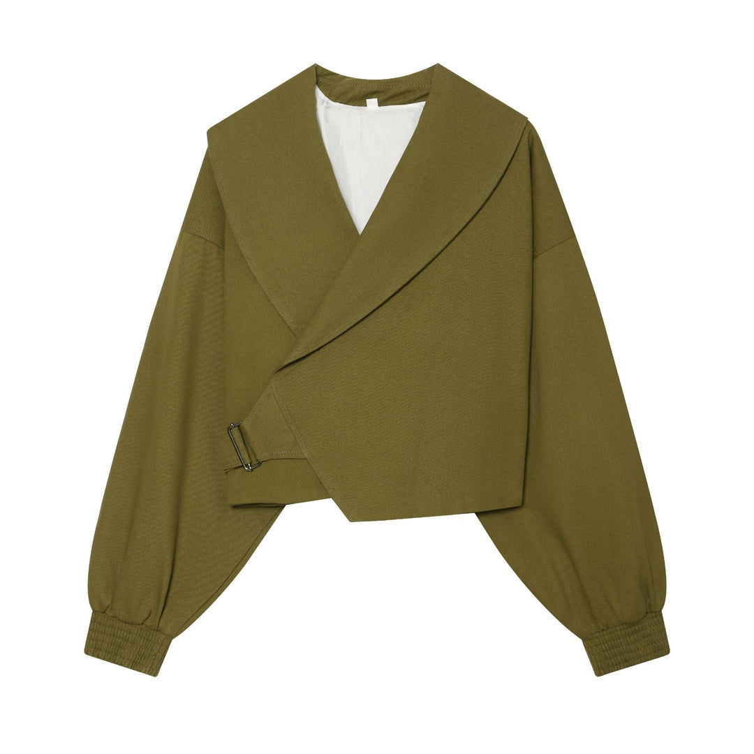Women's short jacket with wide sailor collar, balloon sleeves, and asymmetrical buckle closure Mune Fashion
