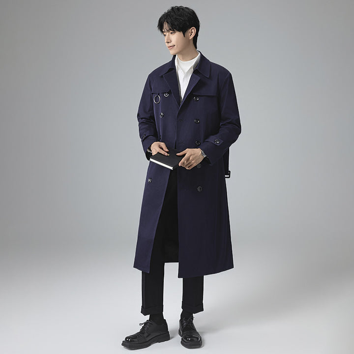 Men's Modern Tech Trench Coat with Double-Breasted Button Placket, Tie Belt and Subtle Ring Details Mune Fashion