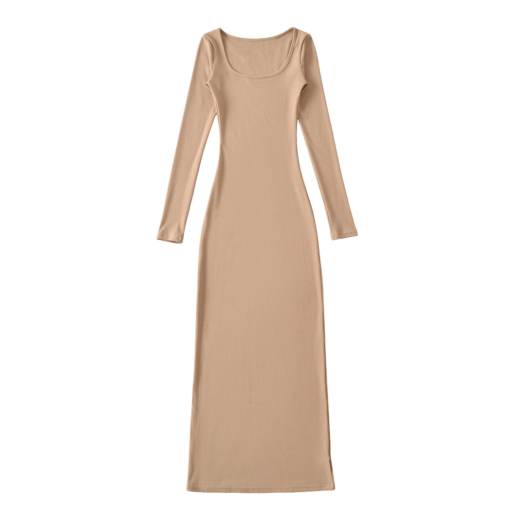 Women's figure-hugging ribbed midi dress with wide round neckline and long sleeves