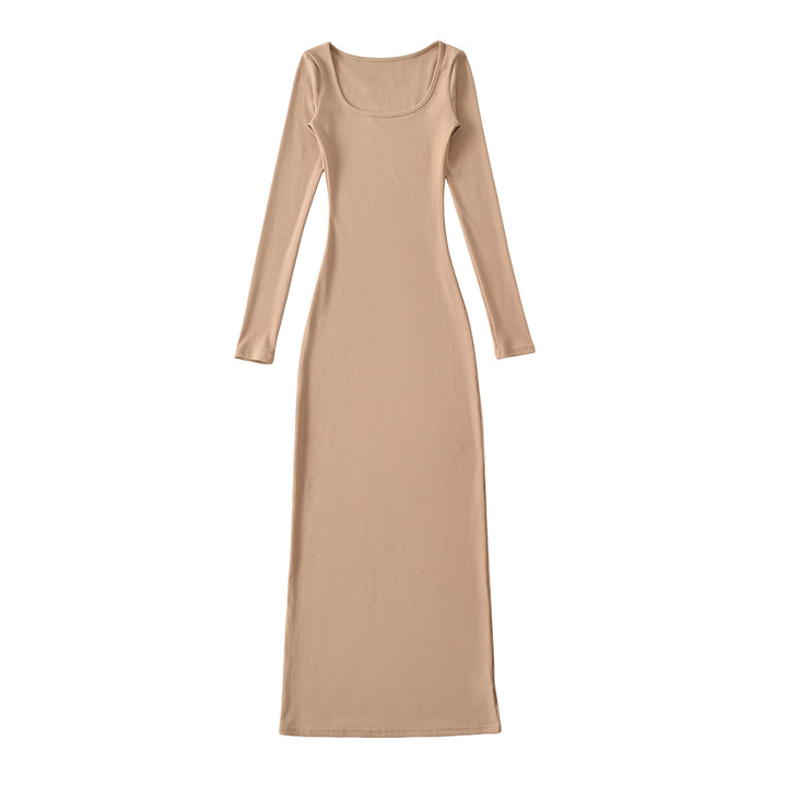 Women's figure-hugging ribbed midi dress with wide round neckline and long sleeves