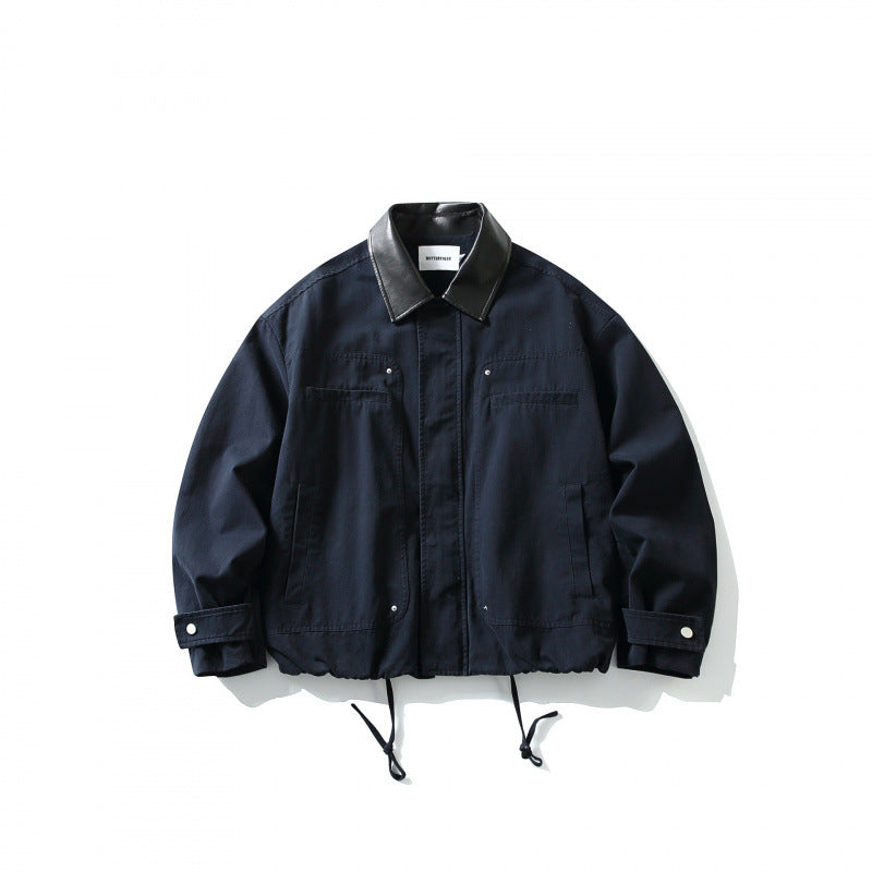 Men's Boxy Utility Jacket with Faux Leather Collar, Drawstring and Snap Cuffs Mune Fashion