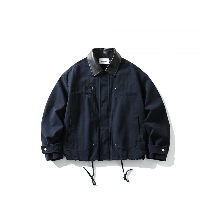 Men's Boxy Utility Jacket with Faux Leather Collar, Drawstring and Snap Cuffs Mune Fashion