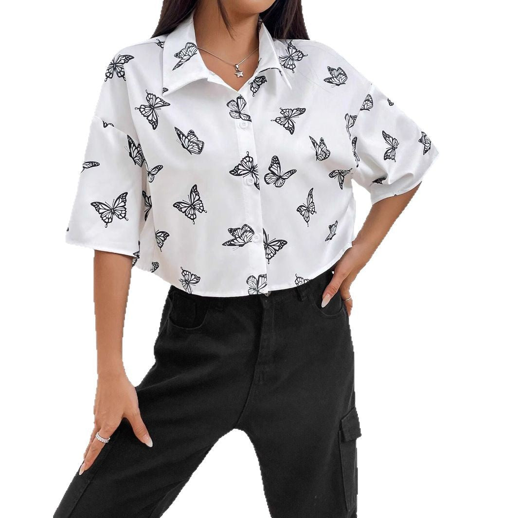 Women's Short Cropped Boxy Shirt Blouse with Butterfly Print Drune