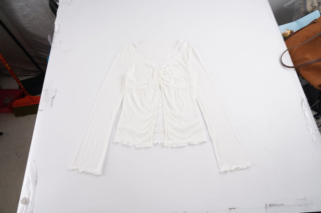 Women Long Sleeve Nursing Top with Front Opening, Gathering and Floral Lace Insert Mune Fashion