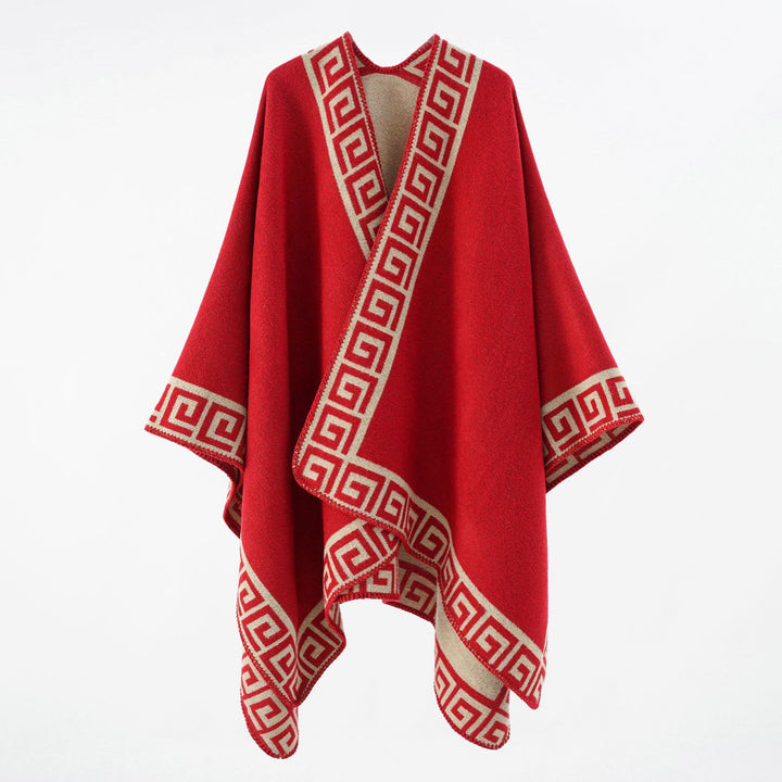 Women's Cape Poncho with Meander Border and Wool Mix Quality Mune Fashion