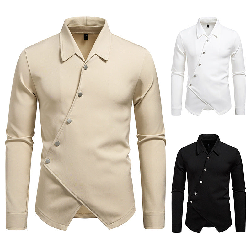 Men's Asymmetrical Shirt with Diagonal Button Placket and Shirt Collar Mune Fashion