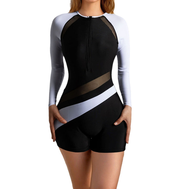 Women's Sporty Long Sleeve Bathing Suit with Stylish Color Block Design Mune Fashion
