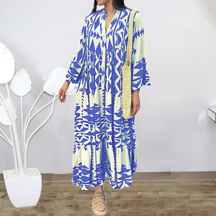 Women's Loose Maxi Dress in Boho Style with Graphic Print, V-Neck and Button Placket Mune Fashion