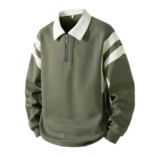 Men's Retro Sporty Rugby Pullovers with Half High Zipper and Contrasting Shirt Collar Mune Fashion