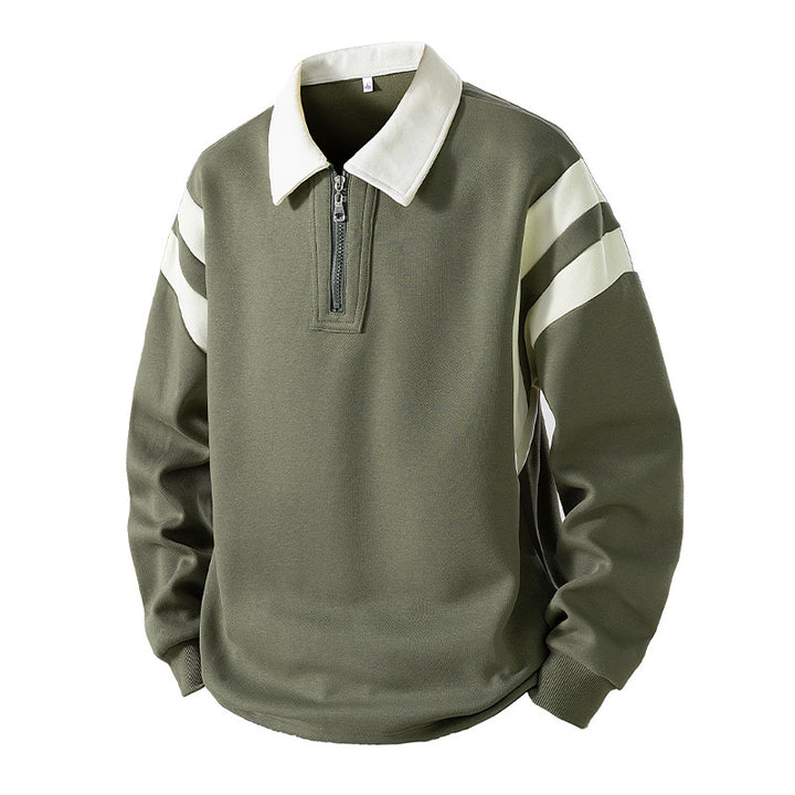 Men's Retro Sporty Rugby Pullovers with Half High Zipper and Contrasting Shirt Collar Mune Fashion