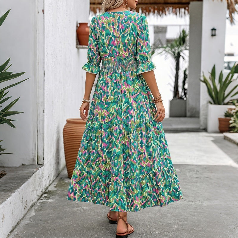 Women Long Maxi Dress with Ruffle Details and V-Neck Mune Fashion